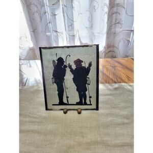 Vintage Fishermen Reverse Painted Silhouette, Foil and Glass Picture, Fish Tale